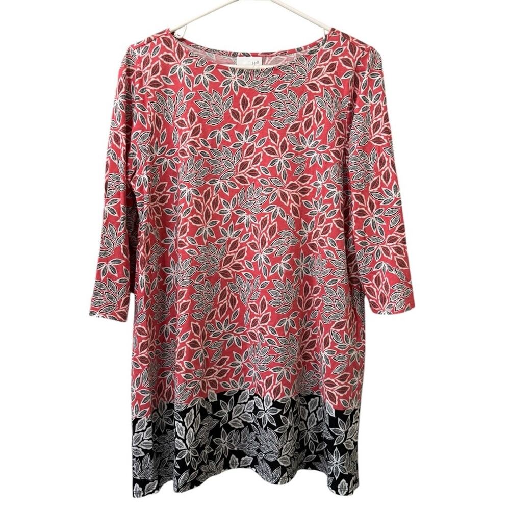 J Jill Women Size Large Floral 3/4 Sleeve Tunic Top Stretch Modern Chic Office